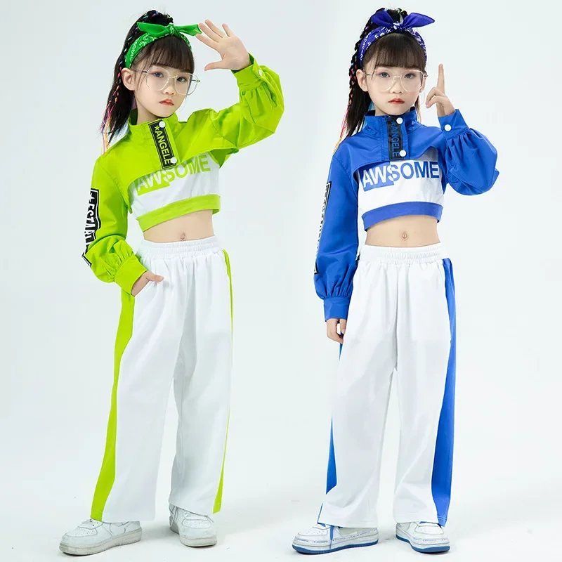 Disfraz de Jazz para niñas, ropa de Hip Hop, Tops de manga larga, pantalones casuales de Hip Hop para niños, Ropa de baile moderna de rendimiento, verde y azul