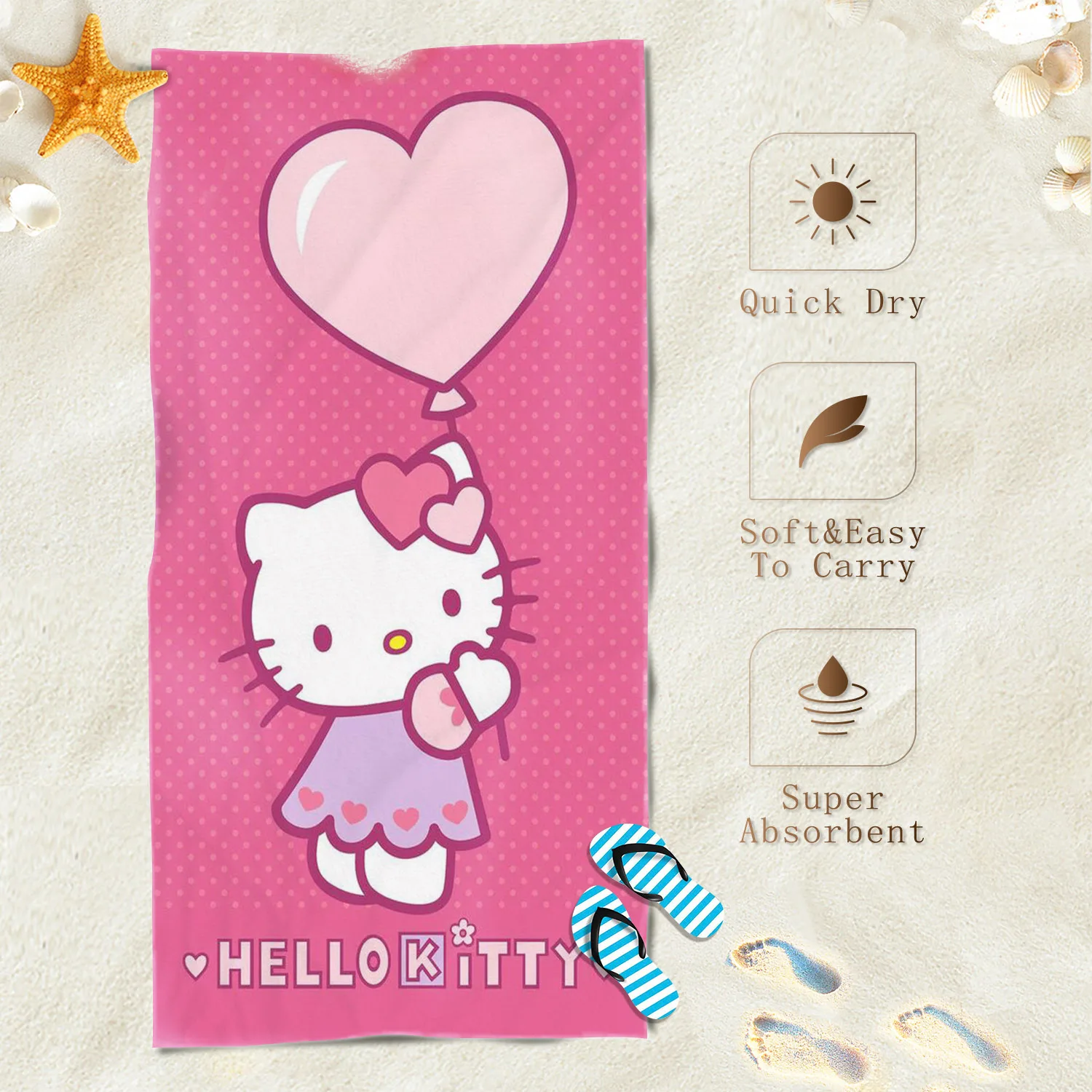 Hello Kitty Beach Towel, Cartoon, Cute Sanrio, Room Decor, Bath, Hand, Home, Shower, Travel, Bathroom, Boys, Girls, Children