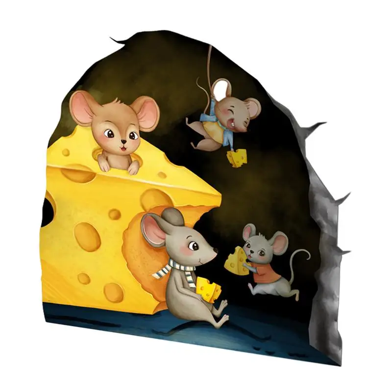 Mouse Wall Decal 3D Cartoon Cheese Mouse Stickers Whimsical Mouse Theme Wall Decorative Decal Mouse Eating Cheese Decals Peel