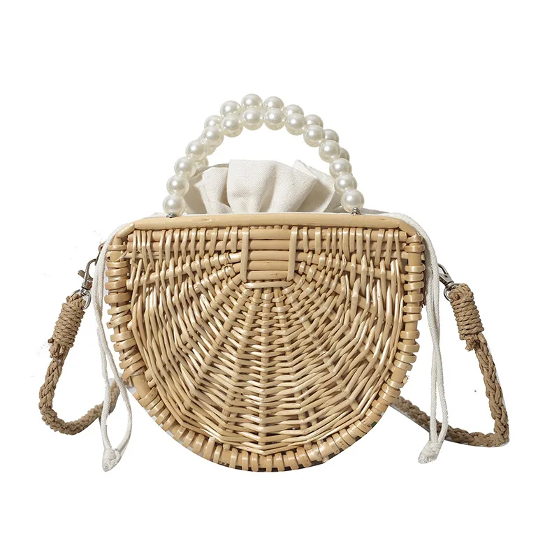 Pearl Designer Women\'s Bag Handmade Woven Handbag Summer Straw Beach Bag Bohemia Female Rattan Shoulder Messenger Bag Tote Bag