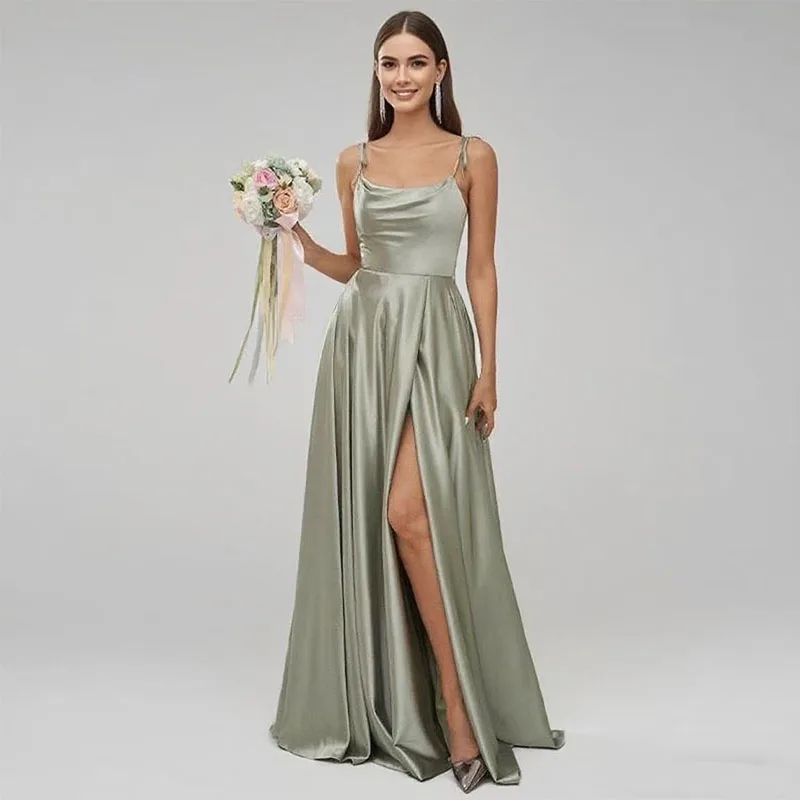 

Sexy Spaghetti Strap Sleeveless Backless Bridesmaid Dresses High Split A-line Formal Occasion Gonw Singer Performance Costumes
