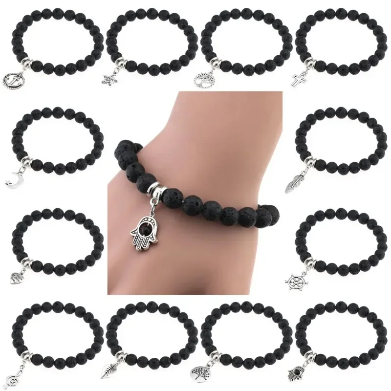 Bracelet en alliage de style punk gothique, simple, rétro, ethnique, en forme géométrique, avec breloque en roche volcanique