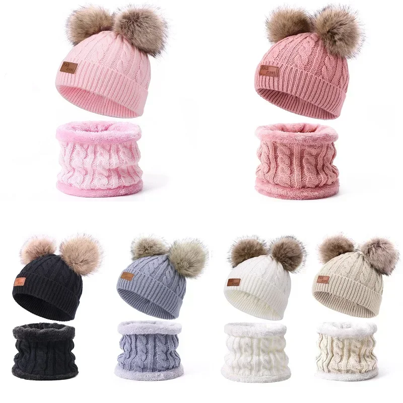 Topi rajut anak, 2 in 1, Set penghangat leher dan topi anak rajut dengan Pompom putih lucu balita Neckwarmer anak laki-laki perempuan dengan Snood