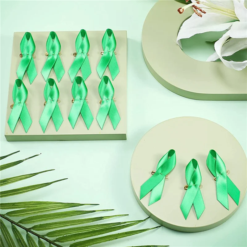 

ABBY-300 Pieces Awareness Ribbon Satin Ribbon Lapel Pins Fabric Ribbons With Safety Pins For Women Men (Green)