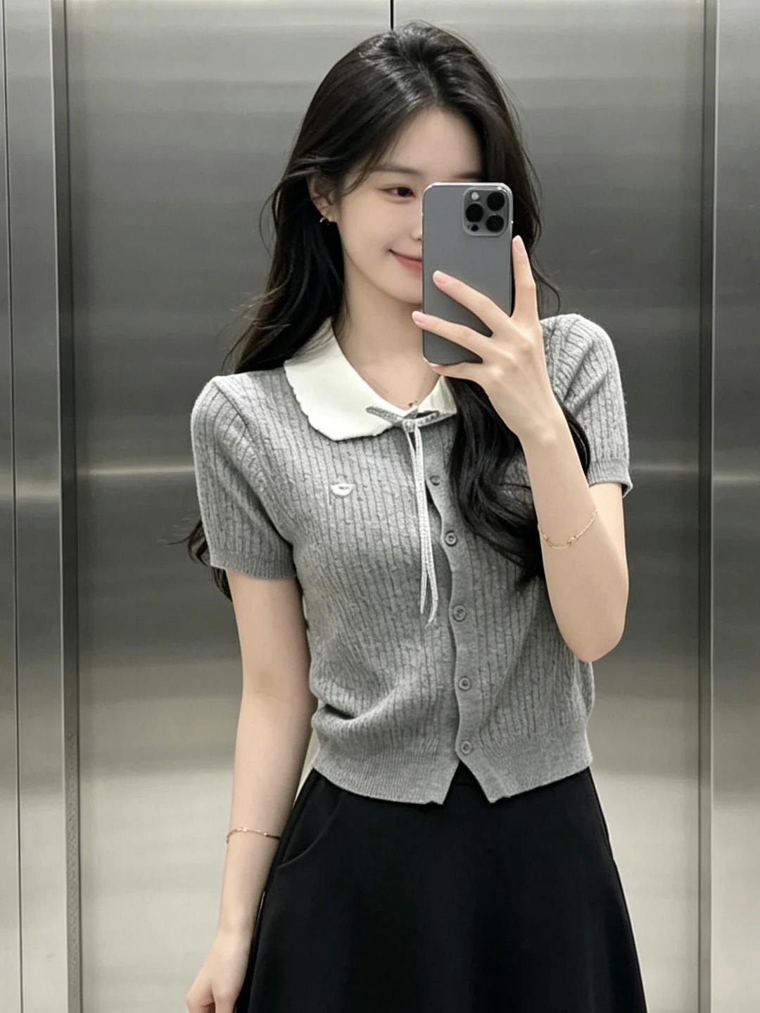 

Preppy Style Knitted Top with Bow Tie Doll Collar Women's Fashionable Versatile Beautiful Summer New Arrival T-Shirt