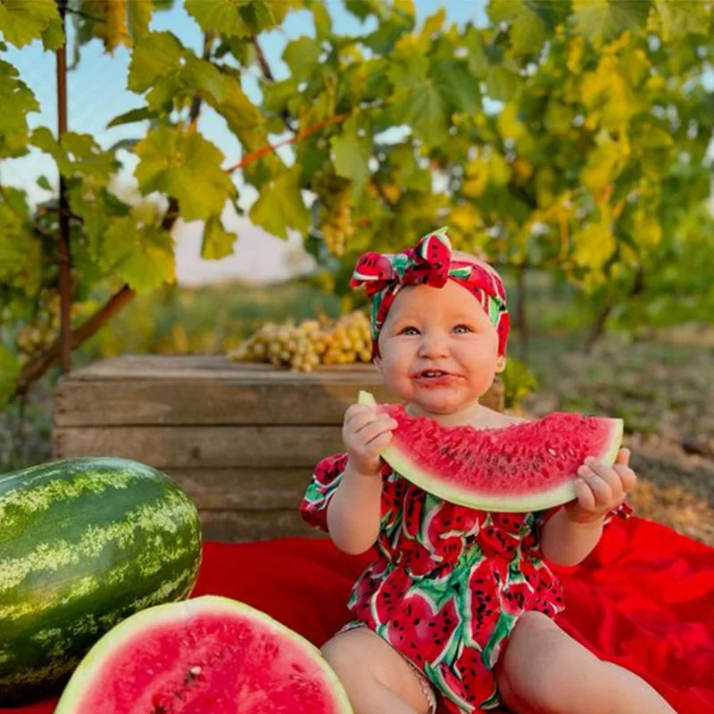 Baby Mädchen Rosa Wassermelonen-Print Strampler Säugling Rüschen-Body mit Stirnband Neugeborenen Rotes Wassermelonen-Karnevalskostüm – Detail 19