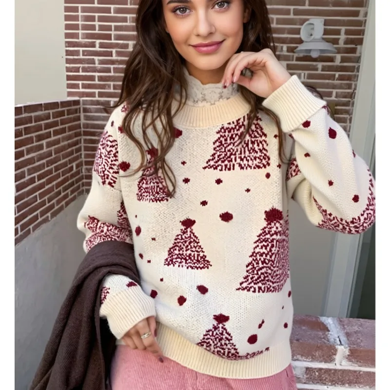 Maglioni pullover esterni stampati con fiocchi di neve dolci autunnali Maglioni casual allentati con o-collo a maniche lunghe Top invernali da donna lavorati a maglia