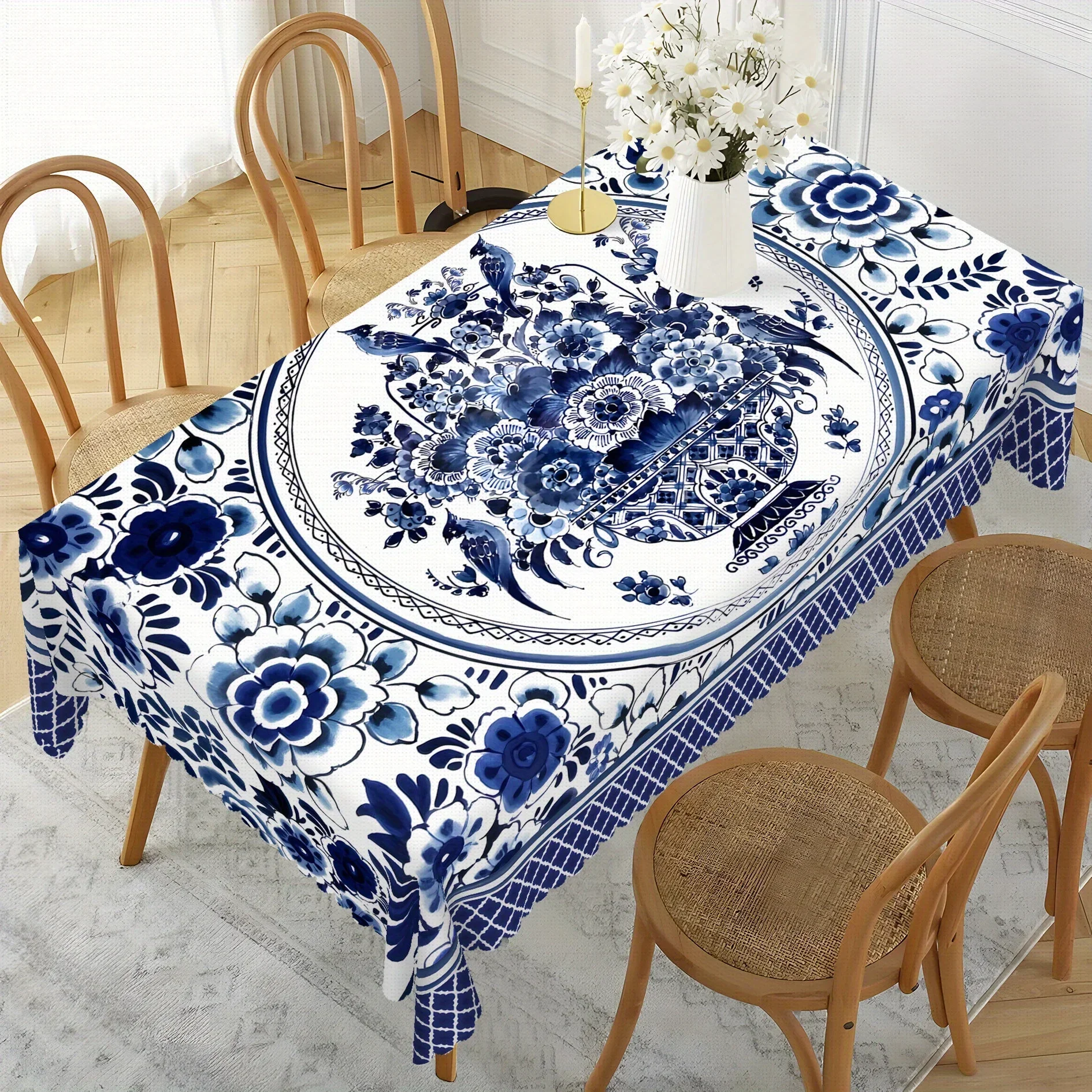Blue and white floral printed tablecloth, available in round or rectangular shape, with a classic Chinese ceramic design, yzb