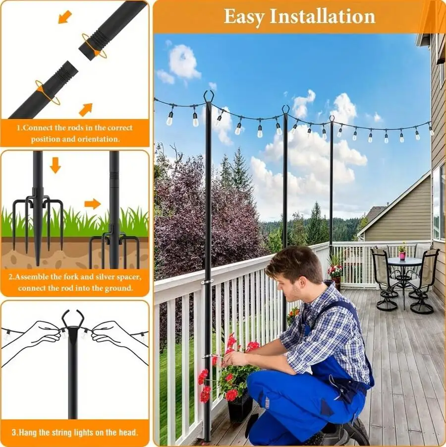 Pack Of 6 String Light Poles, 11.1-Foot Outdoor String Light Poles, Outdoor Light Poles With Branches, Metal Light Pole Brackets Suitable For Patios, Decks, Backyards, And Gardens; Durable And Sturdy