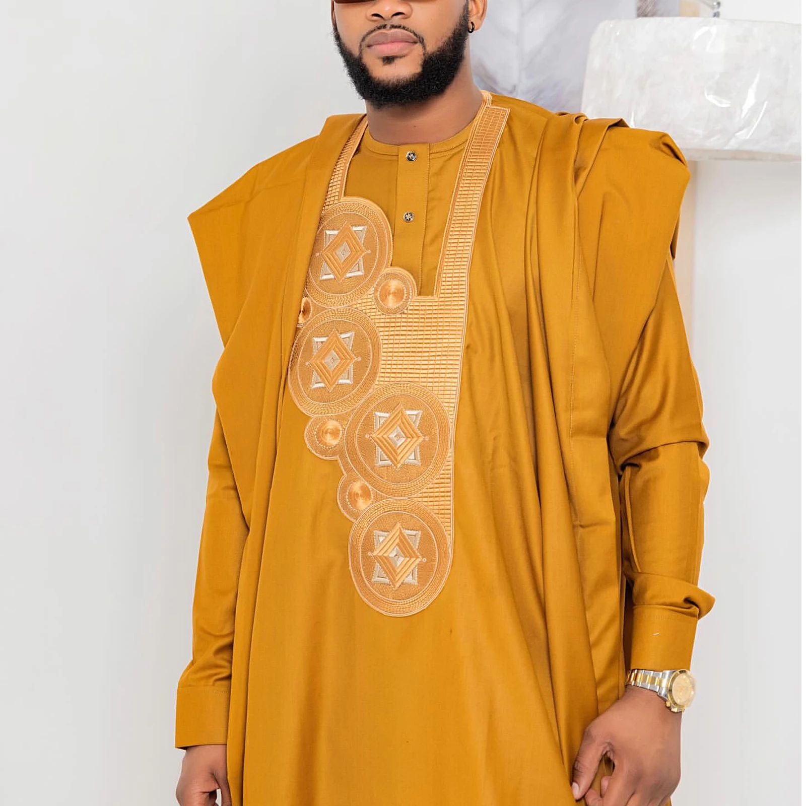 African Clothes For Man Embroidery Design Top Long Sleeve 3 Piece Set