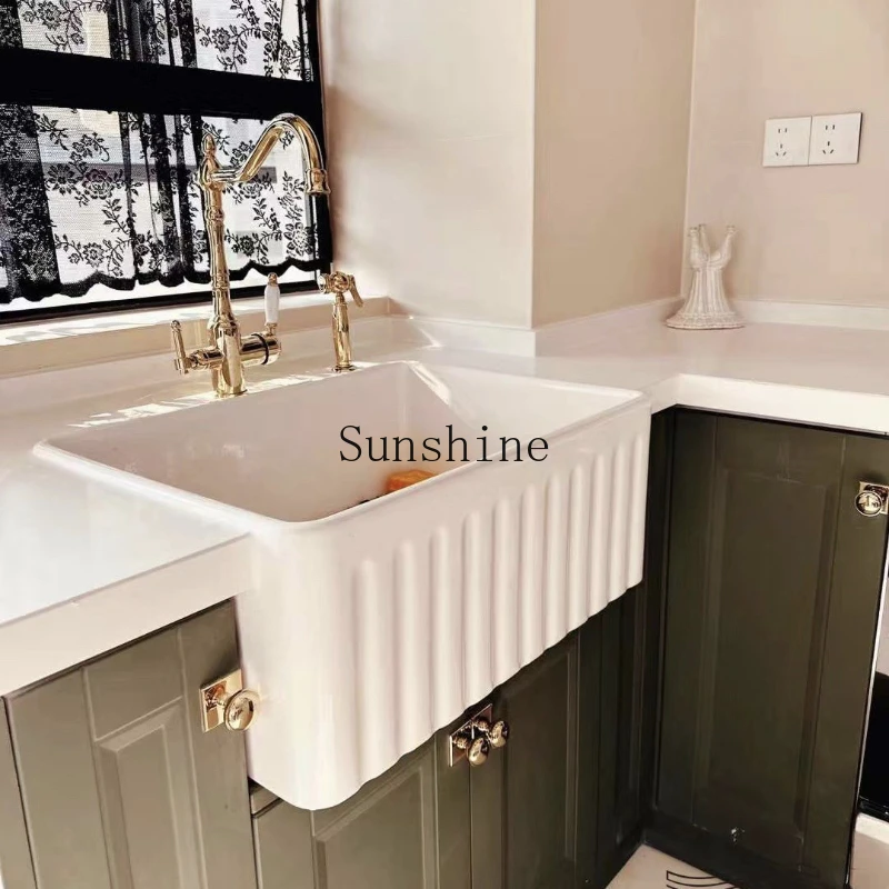 

American kitchen ceramic sink vegetable basin retro semi-embedded home, super deep integration
