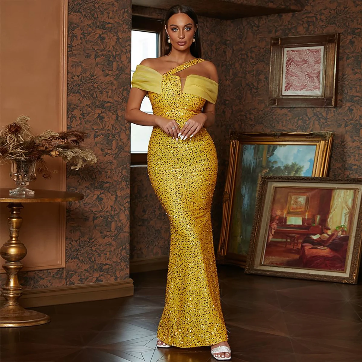 Robes de soirée sirène jaune vif pour femmes, robe de Rhà paillettes, robe longue gracieuse, exquise, tout sur mesure, initiée