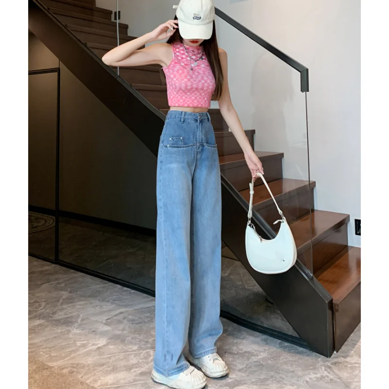 

American Vintage Blue High Waist Jeans Fashion Straight Burrs Wide Leg Pants Street Baggy Mopping Denim Trouser Ladies Summer