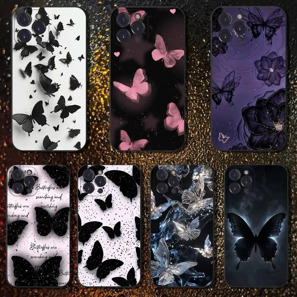

Butterfly Love Black Phone Case For iPhone 16,15,14,13,12,11 Plus,Pro Max,XS,X,XR,SE,Mini,8,7,Soft Silicone Black Cover