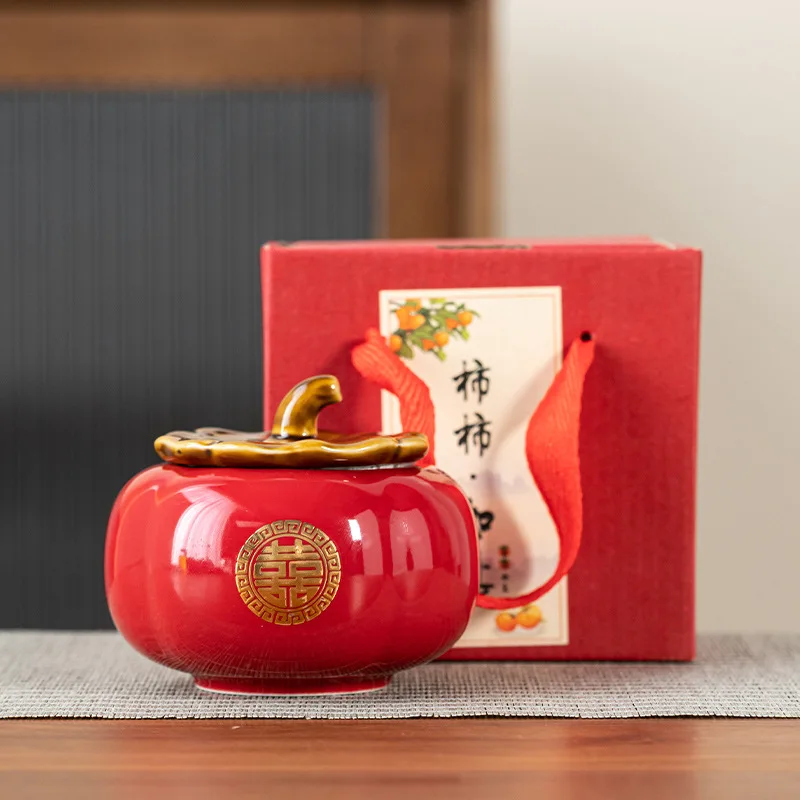 Creative Persimmon Ceramic Tea Pot Sealed Storage Box Wedding Holiday Gift Box Abstract Persimmon Shape Porcelain Jar Crafts New