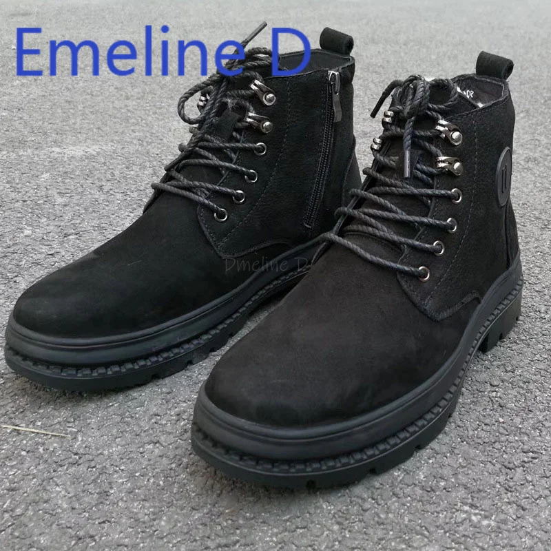 

High Top and Woolen Short Boots Winter Fashion New Wool Warm Lace Up Side Zipper Design Black Cowhide Casual Men's Boots