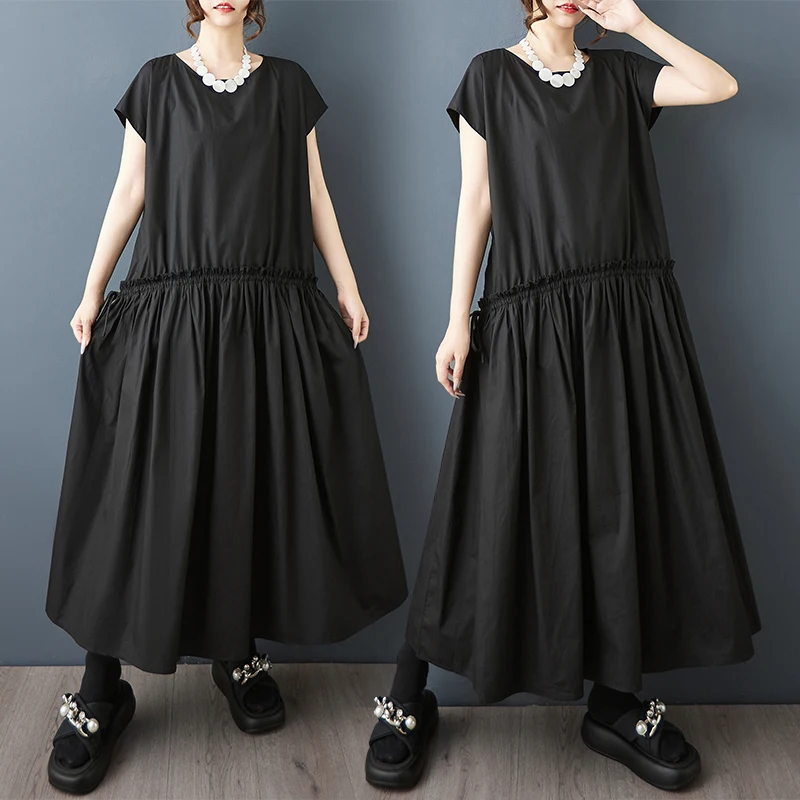 

Summer New plus Size Loose Long Dress Dark Style Wooden Ear Bordered Drawstring Splicing Pleated Midi Length Elegant Dress