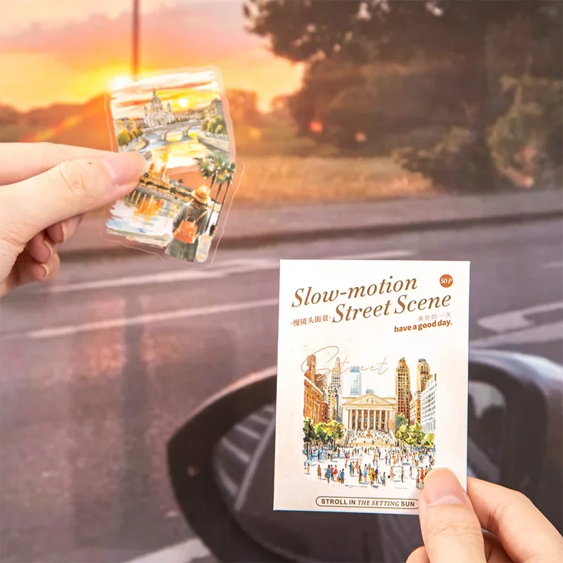 1pack Miniature Street Scene Stickers 50pcs Slow Motion Series Landscape Decals Creative Journaling Backgrounds Design
