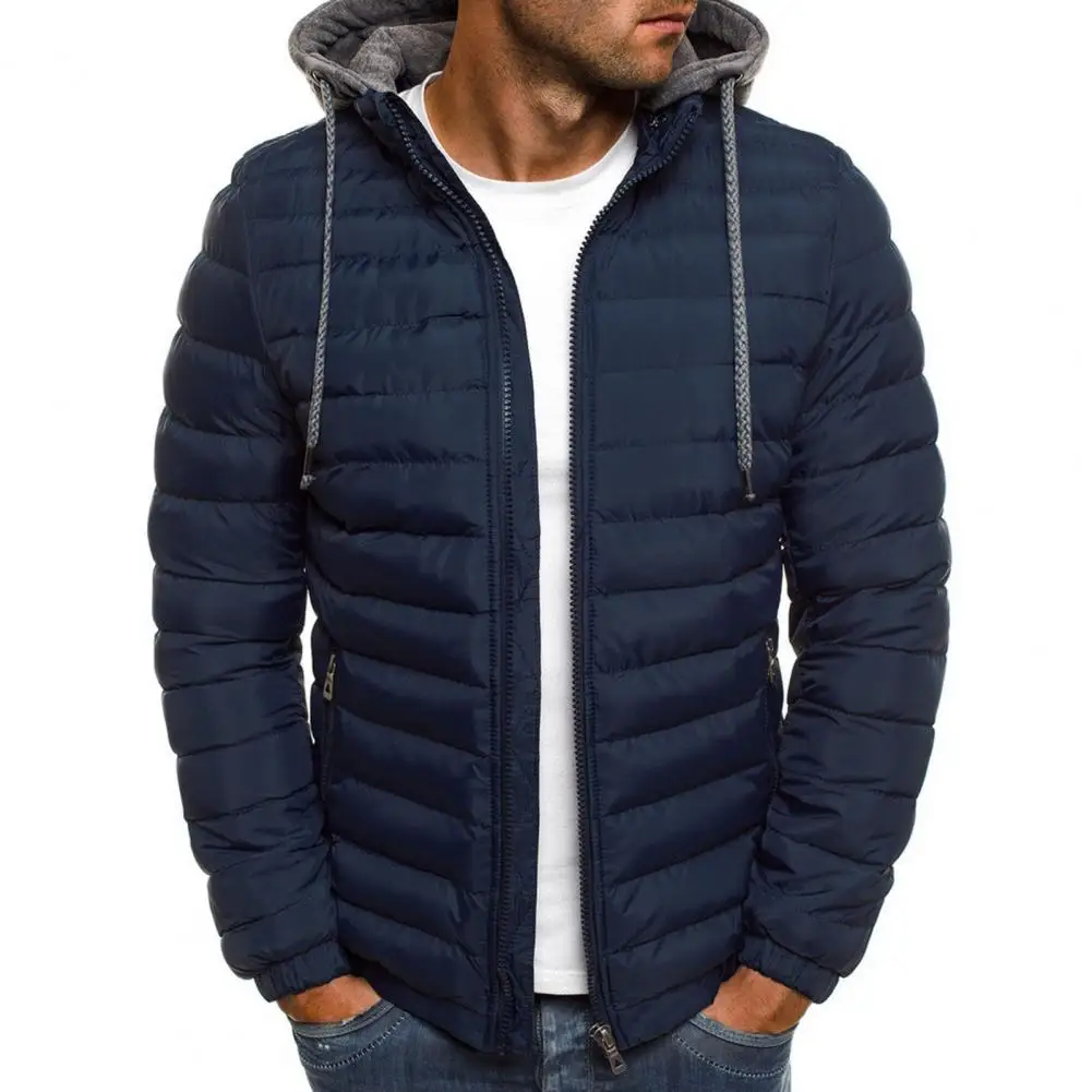 Hooded Cotton Coat Men's Windproof Hooded Cotton Jacket with Plush Lining Zipper Placket Drawstring Thickened Warm for Wear