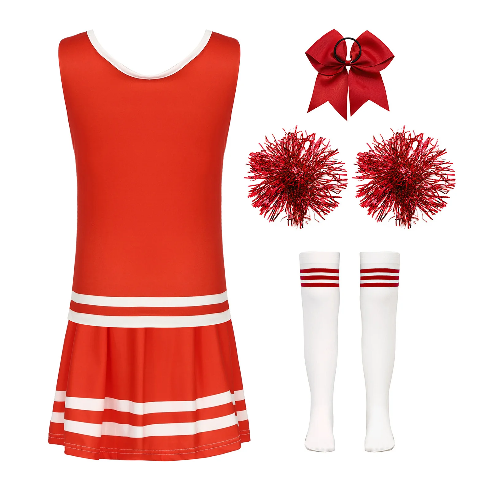 Cheer Leader-Kostüm für Mädchen, Uniform-Set, ärmellose Oberteile mit Rundhalsausschnitt, Faltenrock und Haargummis, Stirnband, Blumenkugeln, Socken