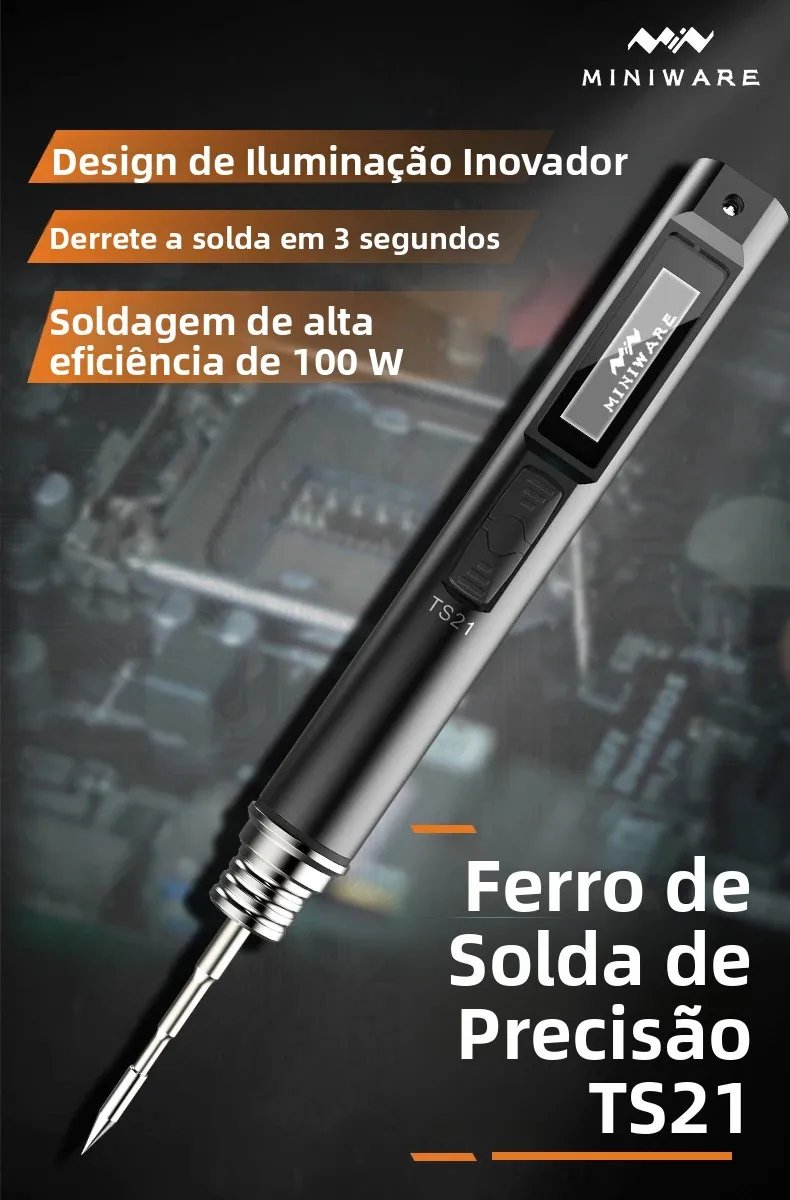 Novo Ferro de Solda MINIWARE TS21 com Luz de Preenchimento, Tela Digital OLED, Multilíngue, Sensor Inteligente e Função de Repouso, Caneta de Soldagem, Ferramenta DIY