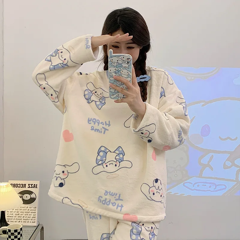 

Hello Kitty Plush Pajamas Set Kawaii Cinnamoroll Cartoon Anime Kuromi Comfortable Warm Cute Girl Flannel Home Clothes