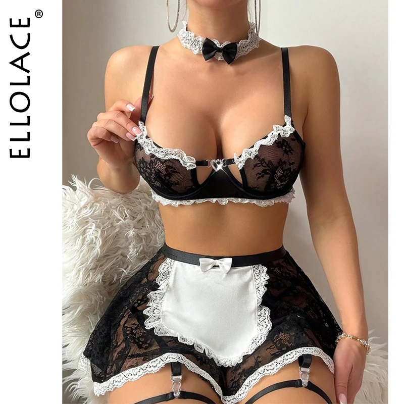 Ellolace Halloween Sexy Female Lingerie Maid Cosplay Bra Thong Skirt 3PC with Choker Leg Circles Cute Hollow Women's Underwear