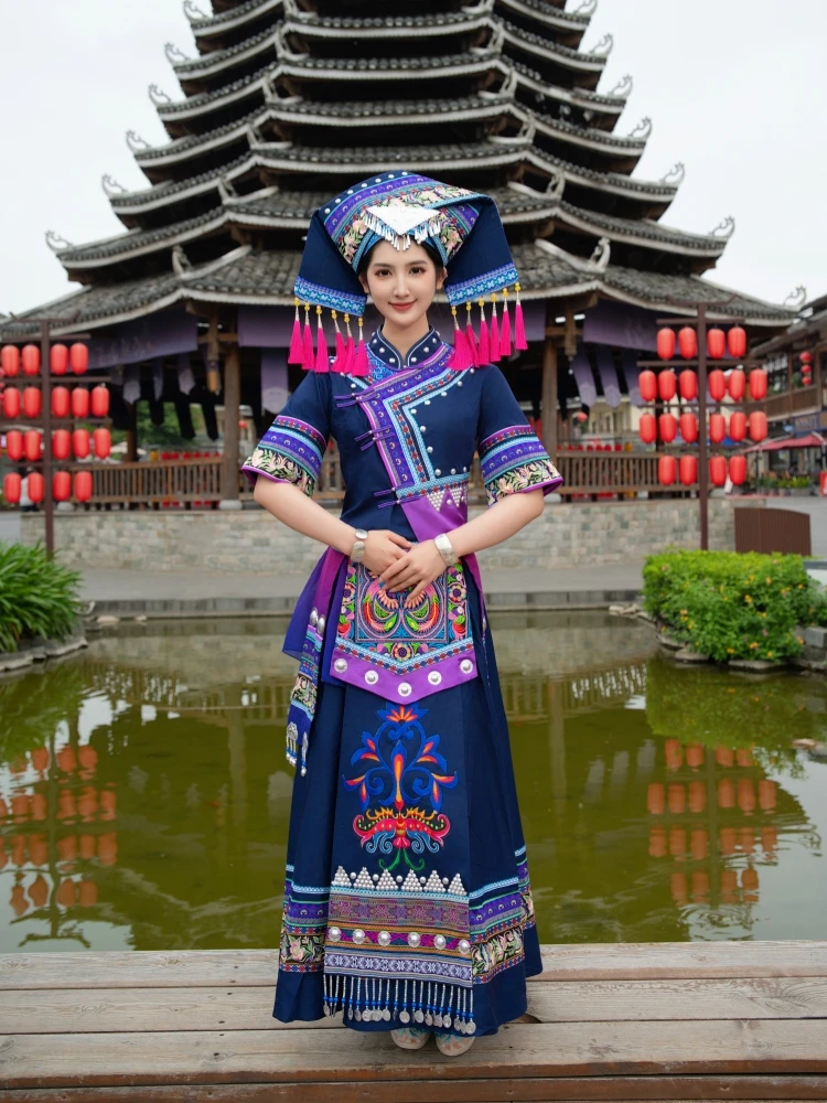 Guangxi Zhuang Clothing Female Ethnic Performing Costumes Minority Adult Brocade Embroidered Dress