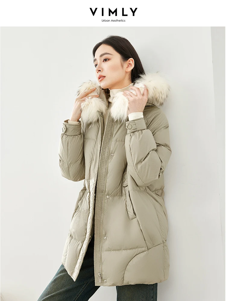 Imagem -03 - Jaqueta Puffer com Capuz Vimly para Mulheres Gola de Pele Zíper Pato Branco para Baixo Cabolsas Longos Caloroso Outerwear Fêmea Inverno 50336