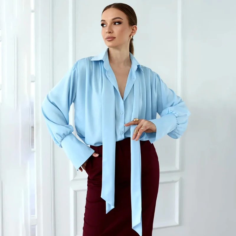 Typhaland Long Sleeve Commute Women's Blouses V Neck Ribbon Casual Loose Shirt Elegant Satin Single Breasted Female Clothes