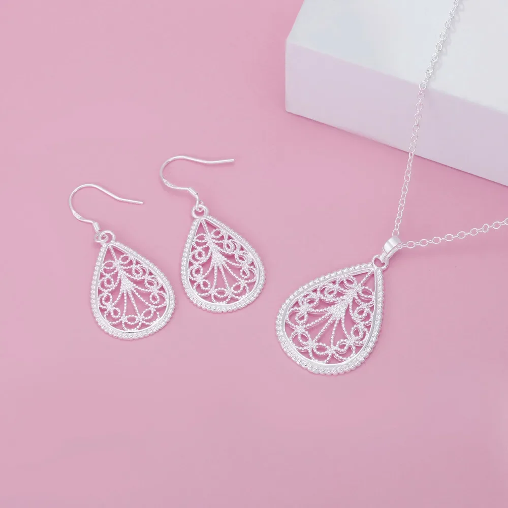 Luxury 925 sterling silver romantic water drop pattern Pendant Necklace earring For Women fashion party wedding Jewelry set gift