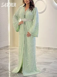 Kaftan V-neck Gown Moroccan Women Long Sleeve Evening Dress Caftan Shiny A-line Bridal Dresses Customized Vestidos De Gala