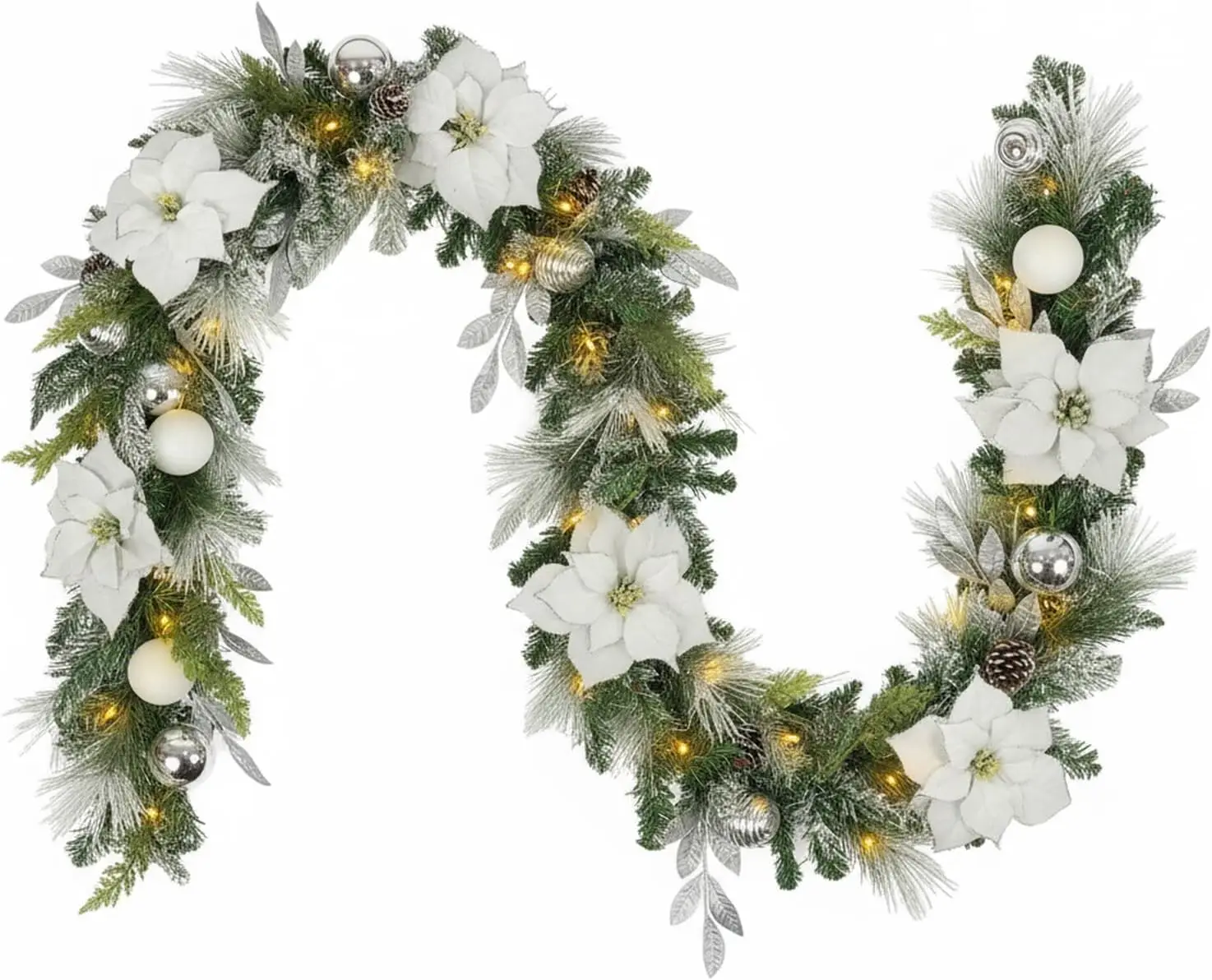 

Искусственная рождественская гирлянда с предварительной подсветкой, 9 футов, 100 светодиодных фонарей — флокированная гирлянда на батарейках для мантии, лестницы, камина, I