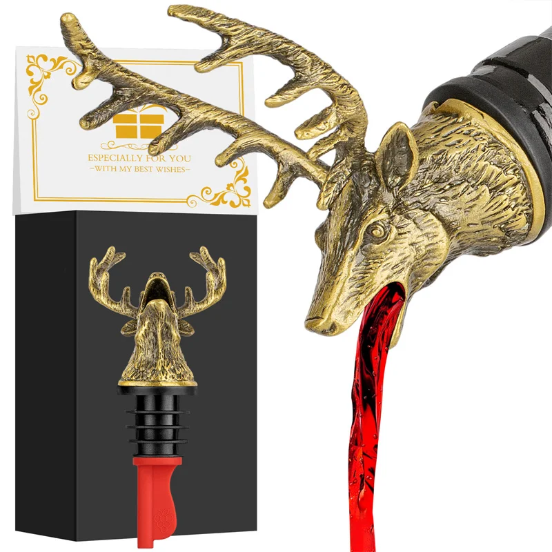 2-In-1 Stag Deer Head Wine Bottle Pourer Aerator Vintage Metal Wine Spout Bar Decor Perfect Christmas Wedding Souvenir Gift