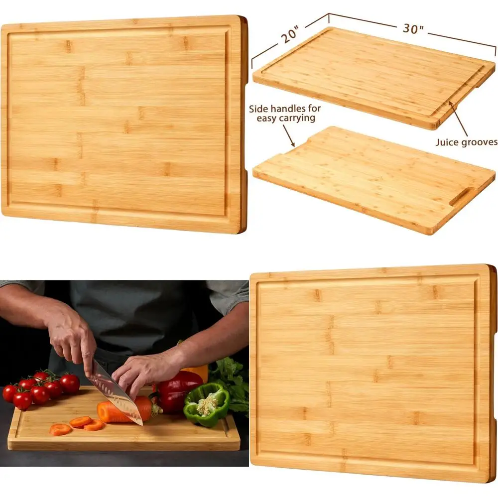 

Large Bamboo Cutting Board - Kitchen & Stove Cover, Over Sink Noodle Board, Serving Tray with Handles & Juice Grooves