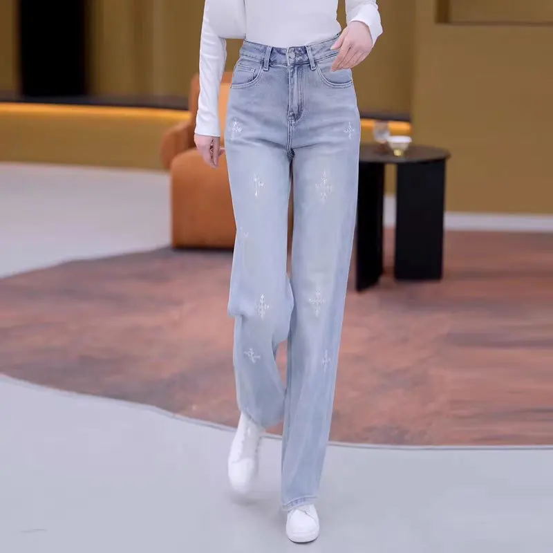 

Narrow version of jeans female spring year high waist drop wide leg all design sense straight leg pants