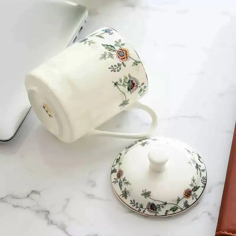 550ML bone china wake up coffe mug, creative flower tea mug, thermos cute china coffee cup with lid, mug coffee cup, Chinese tea