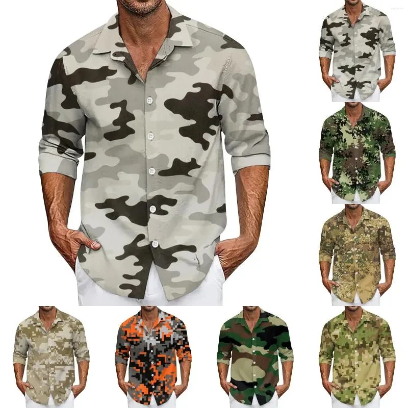 Men\'s Casual Shirt Camouflage Printed Shirt Summer Plus Size Loose Long Sleeve Daily Lapel Buttoned Vacation Beach