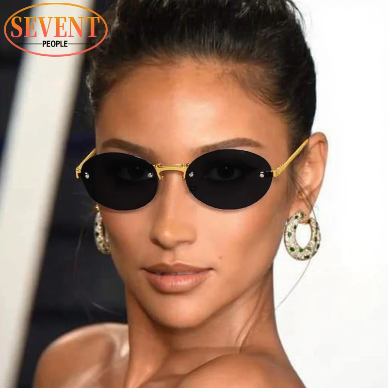 

Small Oval Punk Rimless Sunglasses Women 2025 Luxury Brand Vintage Metal Frame Outdoor Sun Glasses Retro Driving Shades UV400