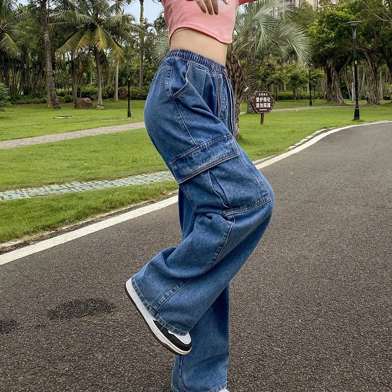 

[80-200 catties can be worn] Tooling denim pants straight leg wide leg loose high waist thin large size women fat 6XL