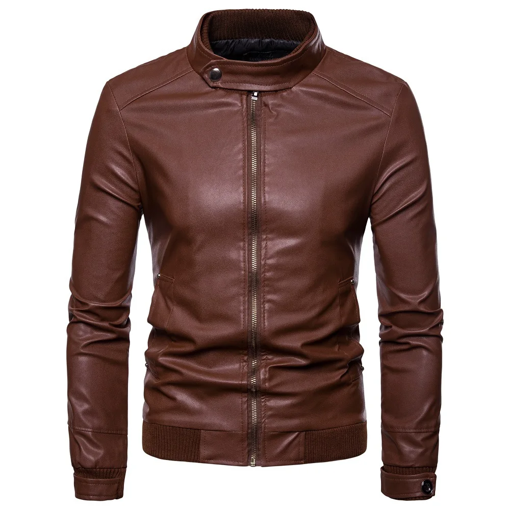 Autumn new men\'s Korean version slim standing collar PU leather jacket