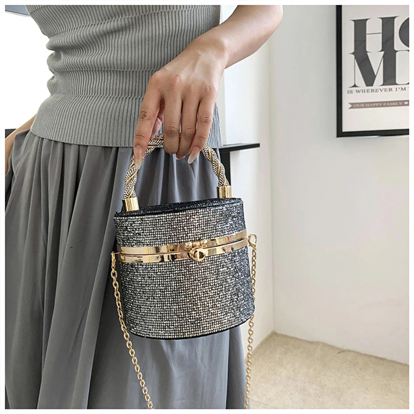 

Fashion Women Rhinestone Handbag Classic Party Shiny Bucket Box Bag Buckle Chain Lady Cross Body Bags