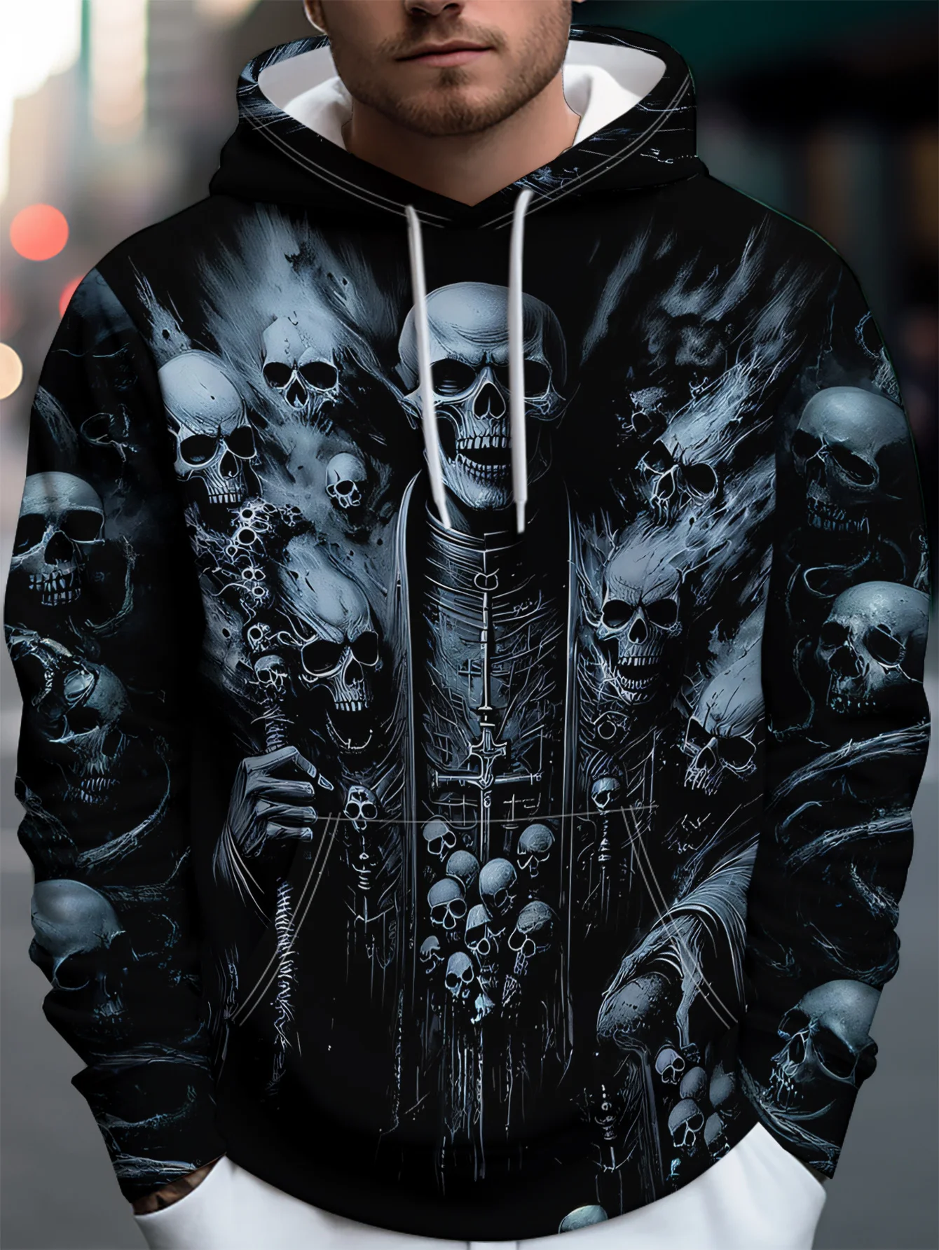 Customization Men'S Skull Priest All-Around Head With Staff And Mourning Robe Digital Print Pullover Hoodie, Spring Autumn Sport