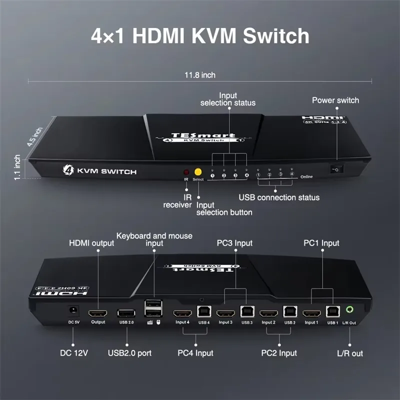Switch KVM HDMI a 4 porte con USB 2.0 4K 60HZ 4 ingressi 1 uscita Supporto HDCP EDID Multiviewer Interruttori KVM video 4x1