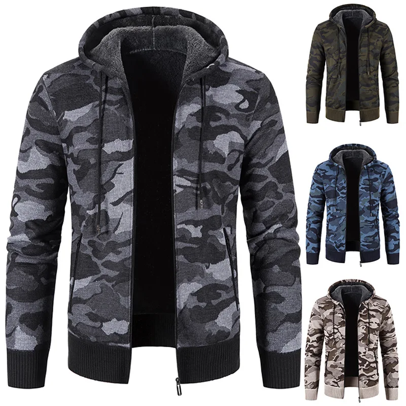 

ZOGAA Mens Autumn Winter Warm Casual Sweater Coat Fashion Loose Camouflage Zipper Hooded Cardigan Knitted Jacket