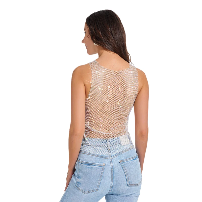 Damen Strass-Netz-Tanktop mit AB-Kristallen, ärmelloses, transparentes Überwurf-Oberteil für Nachtclub, Party, Festival, Weste, Kleid für Damen – Detail 6