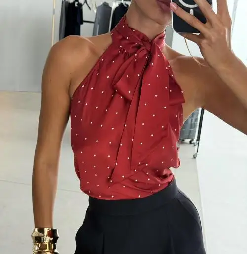

Sexy and Spicy Girl Style Imitation Acetate Polka Dot Print Tie, Hanging Neck, Exposed Back Suspender, Hanging Neck Vest