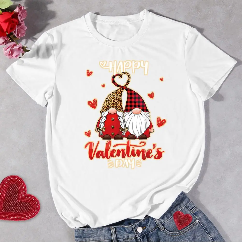 Women Short Sleeve O neck T-Shirt Summer Daily Casual Tees Tops Valentines Day Happy Gnome Print T-Shirts