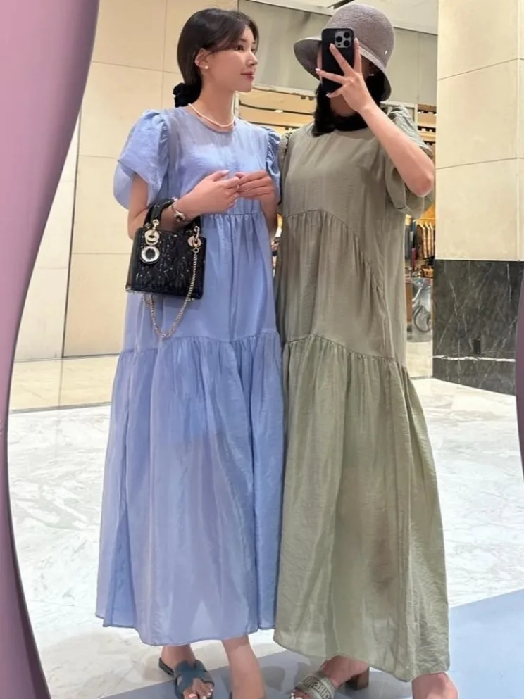 فستان نسائي صيفي جديد بأكمام فقاعية بنفسجية اللون، تصميم أنيق وفضفاض، مصنوع من البوليستر بنسبة 00٪