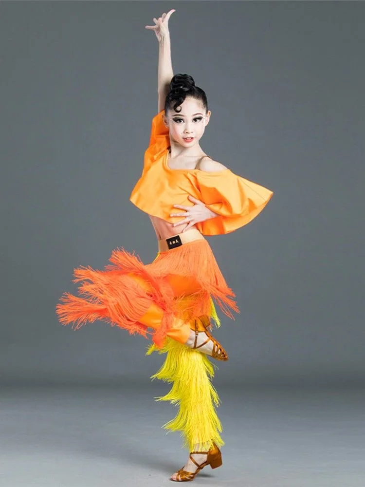 

Latin Dance Dresses Ballroom Ruffled Top Fringe Tassels Dress Pants Fringes Salsa Samba Costume Kids Latin Dance Clothes